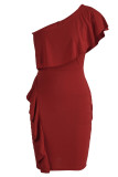 Rose Red Elegant Solid Patchwork Flounce Oblique Collar One Step Skirt Dresses