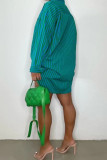 Green Casual Striped Print Patchwork Buckle Turndown Collar Tops