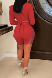 Red Sexy Solid Patchwork Mesh Turndown Collar Long Sleeve Two Pieces