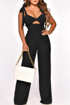 Black Sexy Casual Solid Bandage Hollowed Out Backless Spaghetti Strap Regular Jumpsuits
