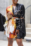 Green Fashion Casual Print Patchwork V Neck Long Sleeve Dresses