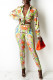Green Fashion Casual Print Basic Turndown Collar Long Sleeve Two Pieces