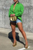 Green Casual Striped Print Patchwork Buckle Turndown Collar Tops