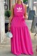 Rose Red Fashion Sexy Letter Print Backless O Neck Waist Skirt Dresses