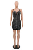 Black Fashion Sexy Patchwork Hot Drilling Backless Spaghetti Strap Sleeveless Dress
