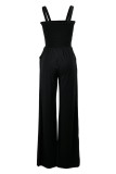 Black Casual Solid Patchwork Spaghetti Strap Straight Jumpsuits