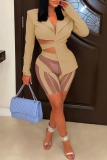 Red Sexy Solid Patchwork Mesh Turndown Collar Long Sleeve Two Pieces
