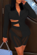 Black Sexy Solid Patchwork Mesh Turndown Collar Long Sleeve Two Pieces