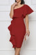 Red Elegant Solid Patchwork Flounce Oblique Collar One Step Skirt Dresses