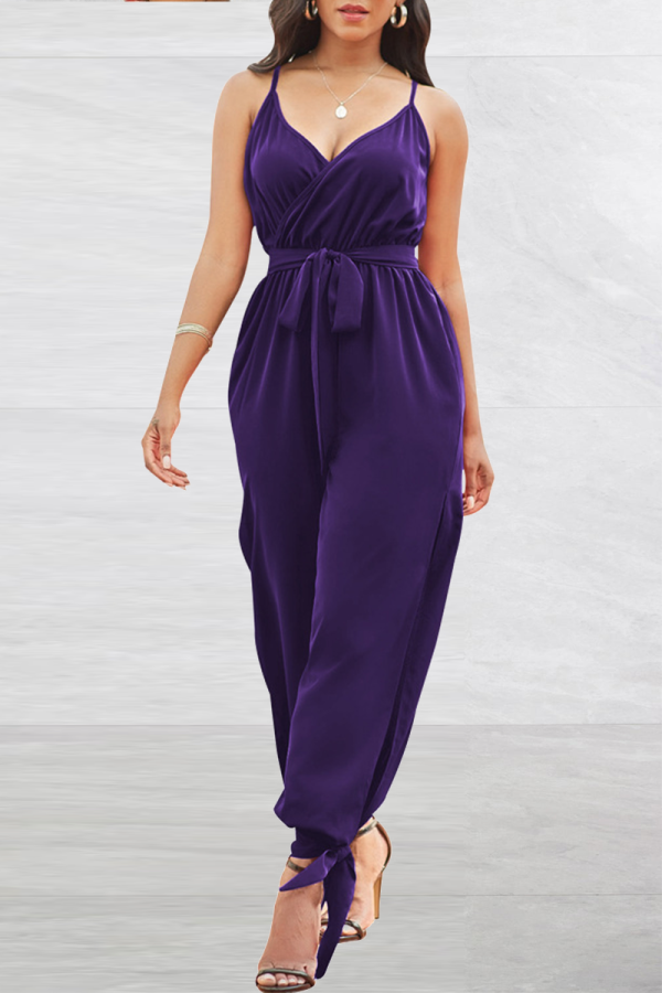 Purple Fashion Solid Patchwork Spaghetti Strap Harlan Jumpsuits