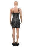 Black Fashion Sexy Patchwork Hot Drilling Backless Spaghetti Strap Sleeveless Dress