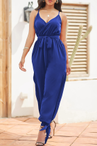 Blue Fashion Solid Patchwork Spaghetti Strap Harlan Jumpsuits