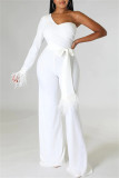 White Fashion Casual Solid Patchwork Backless One Shoulder Regular Jumpsuits