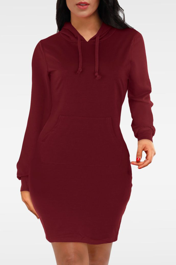 Burgundy Casual Solid Patchwork Hooded Collar Pencil Skirt Dresses