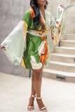 Green Fashion Casual Print Patchwork V Neck Long Sleeve Dresses