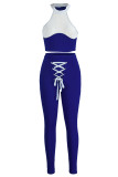 Blue Sexy Solid Patchwork O Neck Sleeveless Two Pieces