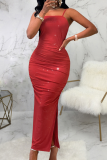 Red Sexy Solid Patchwork Spaghetti Strap Pencil Skirt Dresses