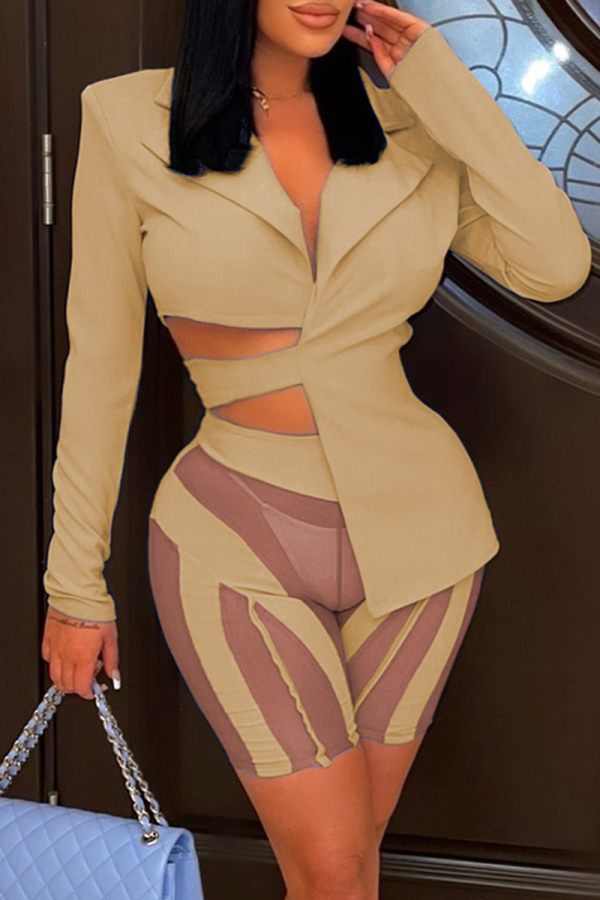 Khaki Sexy Solid Patchwork Mesh Turndown Collar Long Sleeve Two Pieces