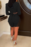 Red Sexy Solid Patchwork Mesh Turndown Collar Long Sleeve Two Pieces