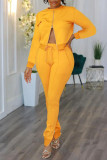 Yellow Casual Solid Patchwork Zipper O Neck Long Sleeve Two Pieces