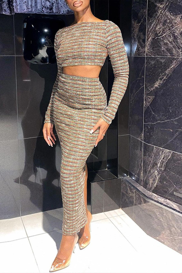 Colour Sexy Print Patchwork O Neck Long Sleeve Two Pieces