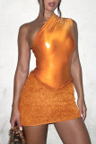 Orange Sexy Solid Tassel Patchwork Oblique Collar Sleeveless Two Pieces
