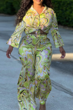 Fluorescent Green Fashion Print Patchwork Turndown Collar Long Sleeve Two Pieces