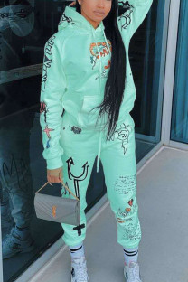 Green Street Print Hooded Collar Long Sleeve Regular Sleeve Two Pieces