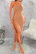 Apricot Sexy Solid Bandage Hollowed Out Patchwork Slit Oblique Collar Pencil Skirt Dresses