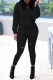 Black Casual Solid Ripped Hooded Collar Long Sleeve Two Pieces