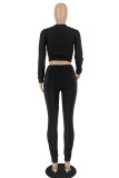 Black Solid Patchwork O Neck Long Sleeve Two Pieces