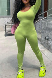 Green Fashion Casual Solid Backless Slit O Neck Skinny Jumpsuits