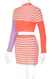 Orange Fashion Casual Patchwork Basic O Neck Long Sleeve Two Pieces
