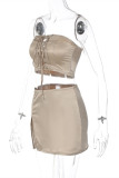 Khaki Fashion Sexy Solid Bandage Backless Slit Strapless Sleeveless Two Pieces