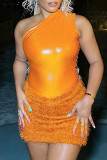 Orange Sexy Solid Tassel Patchwork Oblique Collar Sleeveless Two Pieces