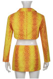 Orange Sexy Print Patchwork Buttons Slit Turn-back Collar Long Sleeve Two Pieces