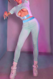 Light Blue Fashion Casual Letter Patchwork Hollowed Out O Neck Short Sleeve Two Pieces