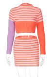 Orange Fashion Casual Patchwork Basic O Neck Long Sleeve Two Pieces