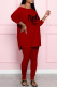 Burgundy Fashion Casual Letter Print Slit O Neck Long Sleeve Two Pieces