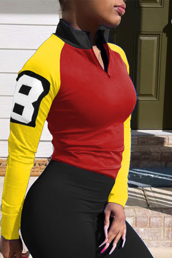 Multicolor Fashion Casual Letter Patchwork Zipper Collar Tops