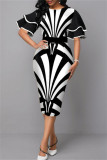 Black White Fashion Casual Print Patchwork O Neck Short Sleeve Dress