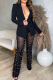 Black Sexy Patchwork Pearl Turndown Collar Long Sleeve Two Pieces