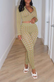Purple Sexy Print Patchwork Zipper Collar Long Sleeve Two Pieces