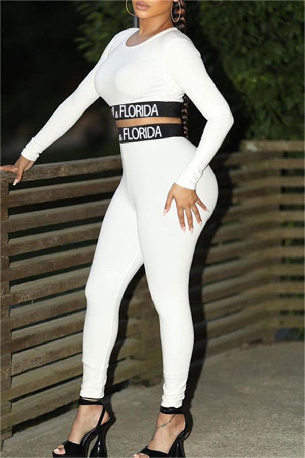 White Fashion Casual Letter Patchwork O Neck Long Sleeve Two Pieces