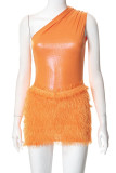Orange Sexy Solid Tassel Patchwork Oblique Collar Sleeveless Two Pieces