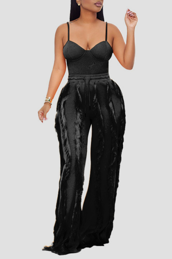 Black Sexy Solid Tassel Patchwork Spaghetti Strap Sleeveless Two Pieces