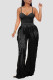 Black Sexy Solid Tassel Patchwork Spaghetti Strap Sleeveless Two Pieces