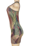 Colour Sexy Print Hollowed Out Patchwork Spaghetti Strap Pencil Skirt Dresses