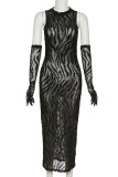 Black Fashion Sexy Print Patchwork See-through O Neck Pencil Skirt Dresses