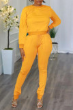 Yellow Casual Solid Patchwork Zipper O Neck Long Sleeve Two Pieces